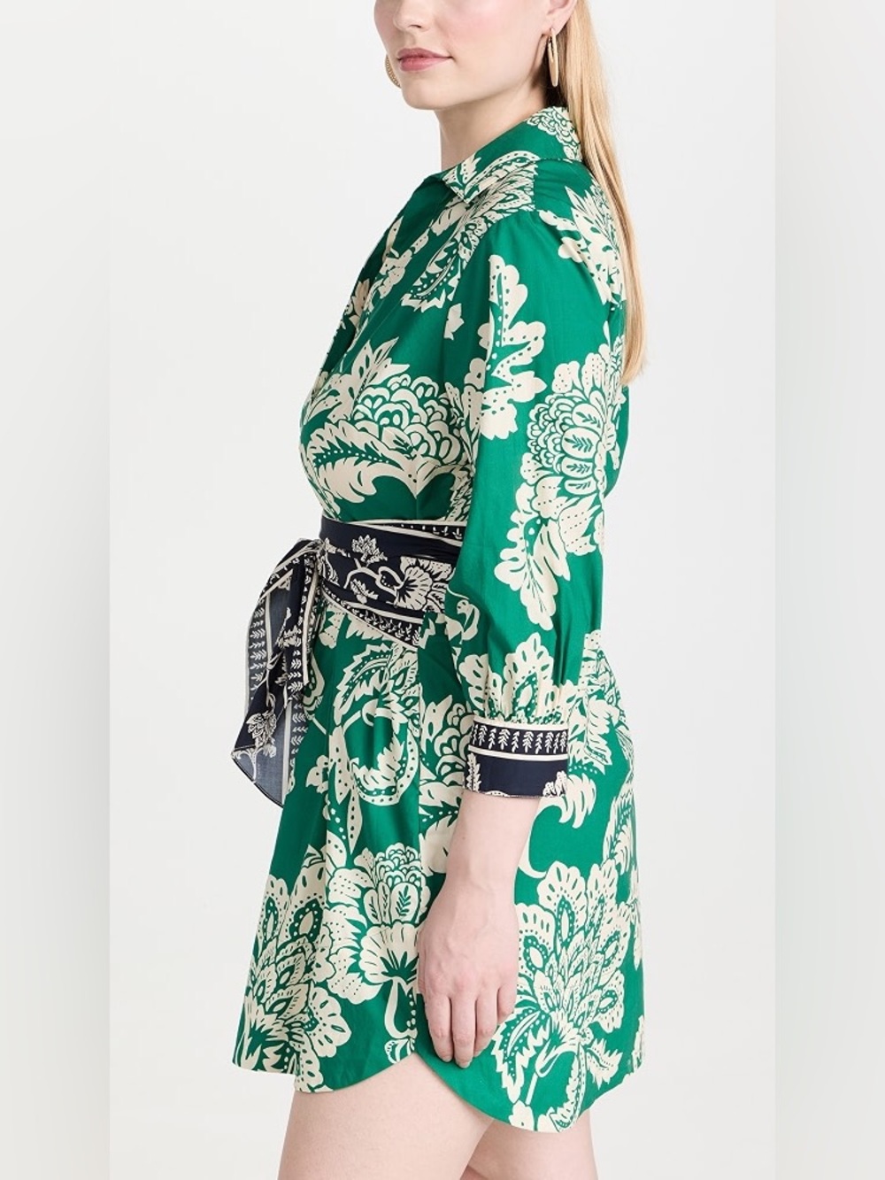 Cara Cara Emerald Green Floral Mini Dress with Cream Print and Navy Tie XS